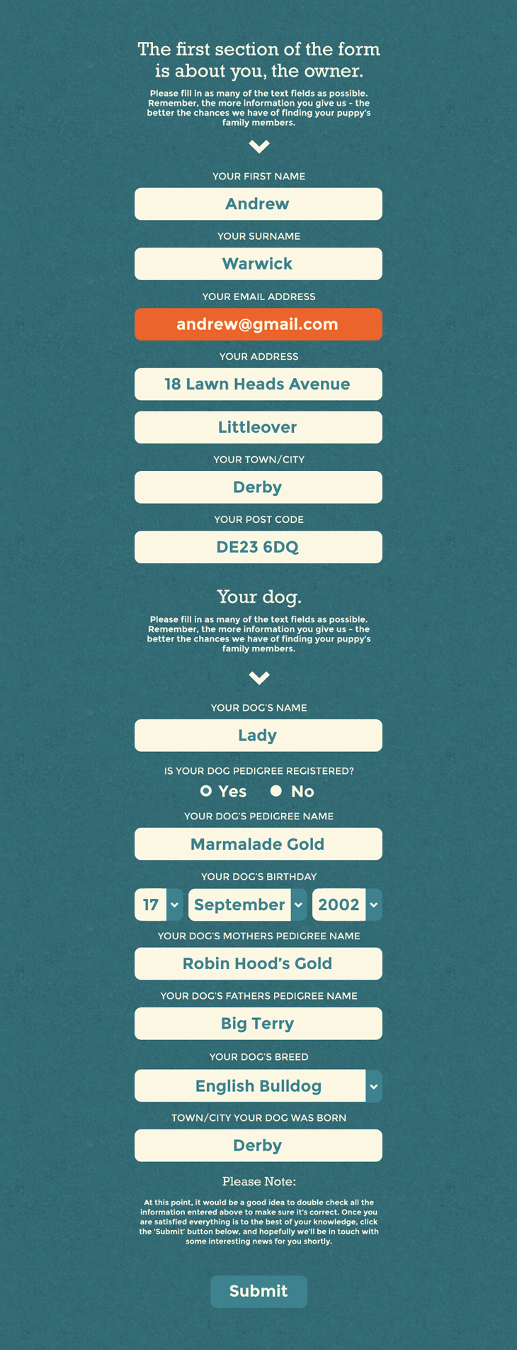 Puppy's Family - Website - Data Capture Form